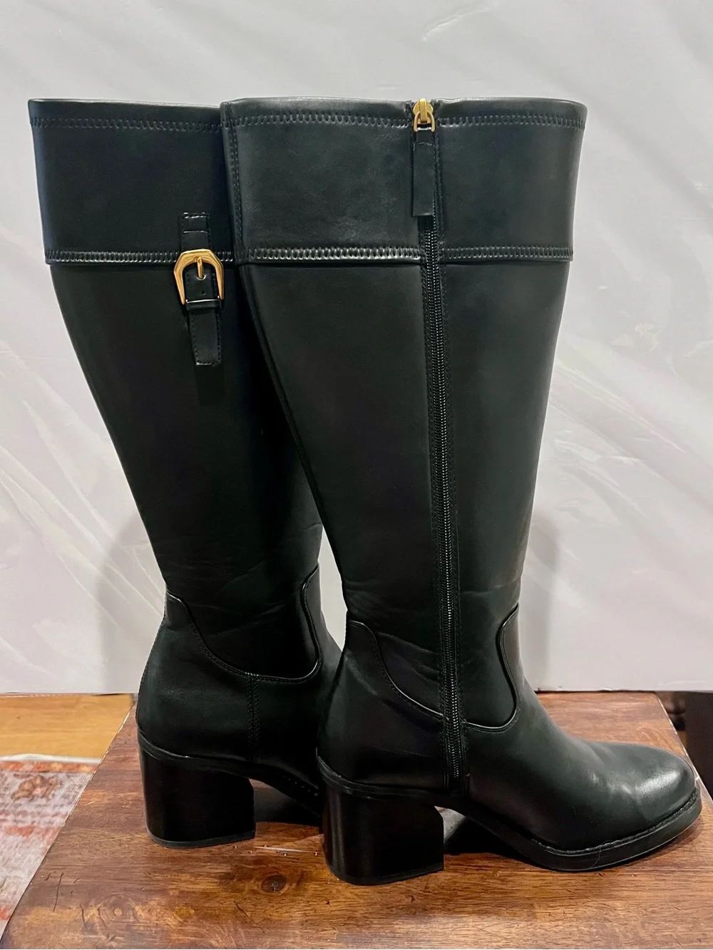 Franco Sarto “Adabella” Black Over-the-Knee Leather Block Heel Boot with Buckle